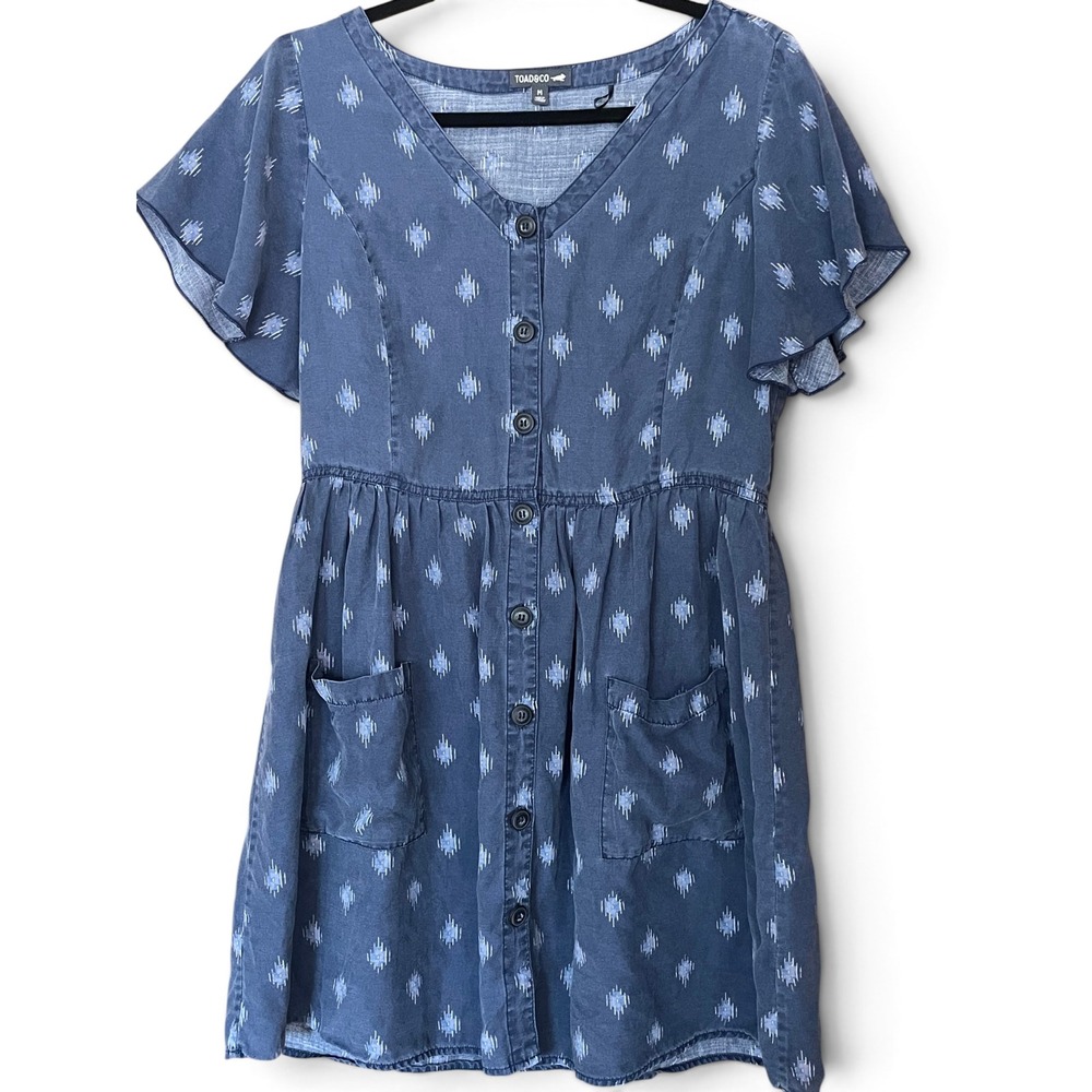 Toad & Co Hillrose Button Up-Dress Slate Blue Geo Motif Tencel M Gorpcore Boho